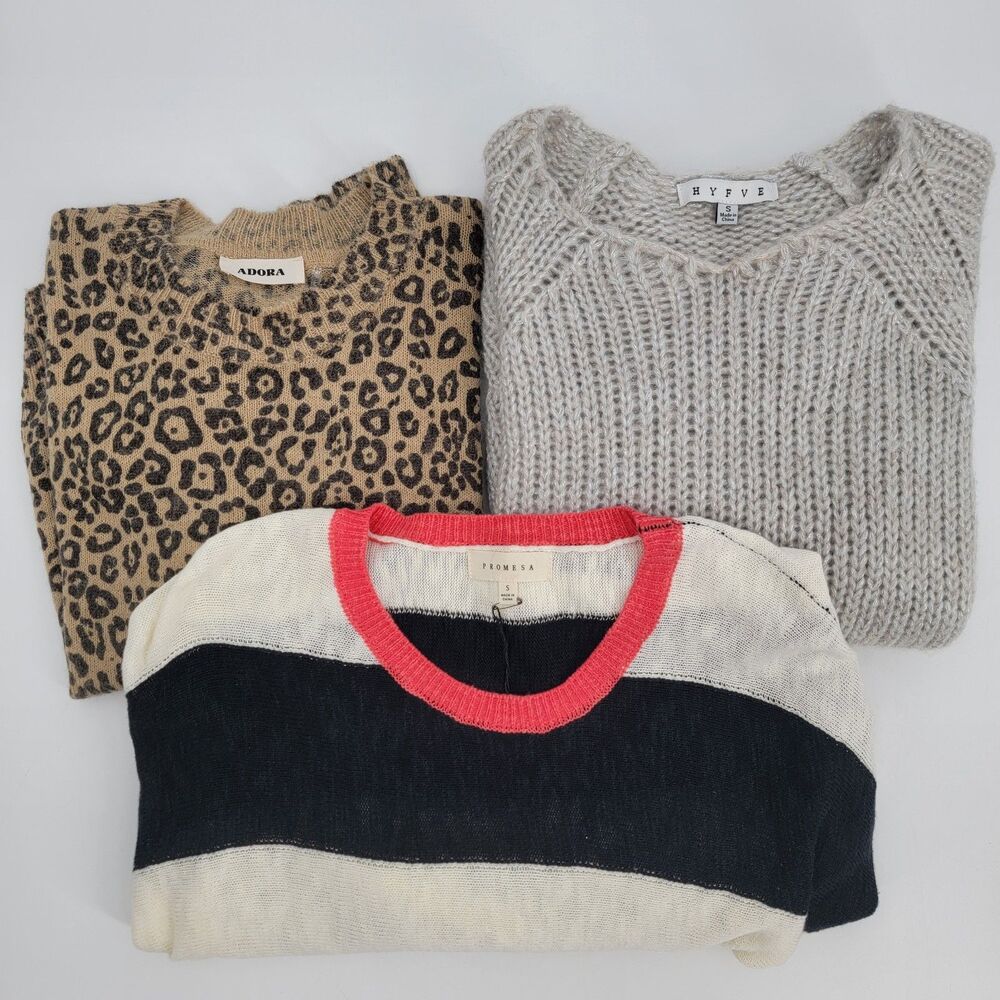 Lot of 3 Sweaters Womens S Hyfve Promesa Adora Leopard Striped Cropped Cozy